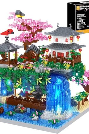 The POKONBOY Peach Blossom Pond Building Blocks Set, Chinese Architecture Cherry Blossom Tree House Building Kit with LED Light Gift for Kids Adults Age 12+ (3320 Pcs, Micro Bricks)