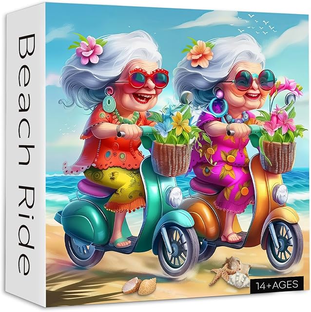 The Summer Beach 1000 Piece Puzzle for Adults, PICKFORU Funny Beach Ride Jigsaw Puzzles, Unique Difficult Grandma Motorcycle Theme as Home Decor
