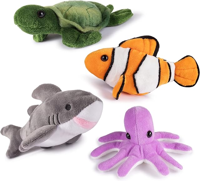 The Plush Stuffed Ocean Animals Set | Sea Creatures Set of 4 | Octopus, Sea Turtle, Shark, & Clownfish | Baby Stuffed Animals