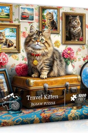 The PICKFORU Cat Puzzles for Adults 1000 Pieces, Kitten Travel Puzzles for Adults, Vintage Animal Flower Puzzles for Adults, Kitty Floral Jigsaw Puzzles for Adults Scenic
