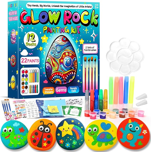 The Rock Painting Kit for Kids Ages 6-12, Arts and Crafts Kit, Kids Craft Paint Kits, Glow in The Dark Rocks to Paint, Perfect Birthday & Holiday Gift, Easter Basket Stuffers