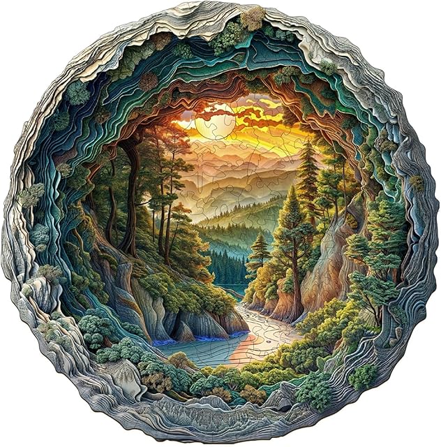 The Wooden Puzzles for Adults, 3D Vision Effects Cave Forest Wooden Jigsaw Puzzle, Unique Shaped Wood Puzzles Adult, Hill Sunset Forest Trail Landscape Puzzle, Fun Gifts & Home Decor (S-8.5*8.4in-100pcs)