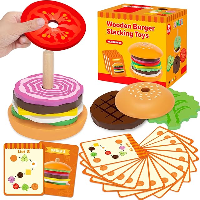 The Jumlys Montessori Wooden Burger Stacking Toys for 2, 3, 4, 5 Year Olds, Fine Motor Toys for Kids Boys Girls, Ideal Preschool Educational and Learning Toys, Perfect Christmas Birthday Gifts