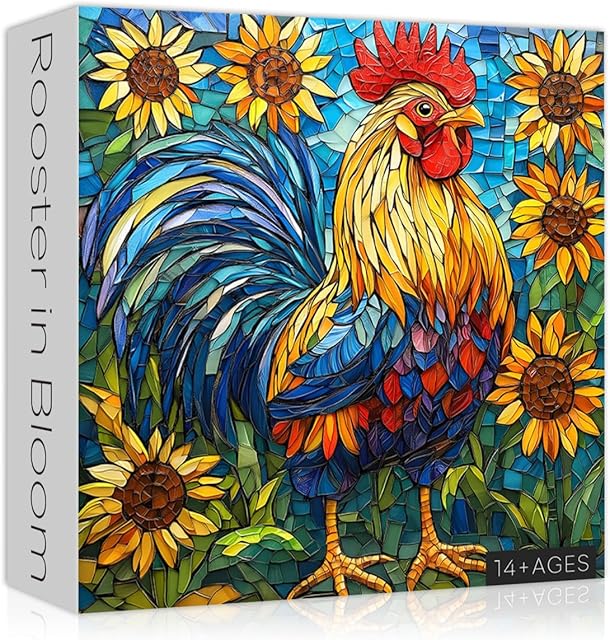 The Stained Glass Rooster Puzzles for Adults,Thanksgiving Chicken Puzzle 1000 Pieces Fall, Halloween Mosaic Autumn Sunflower Puzzles, Colorful Hard Difficult Jigsaw Challenge