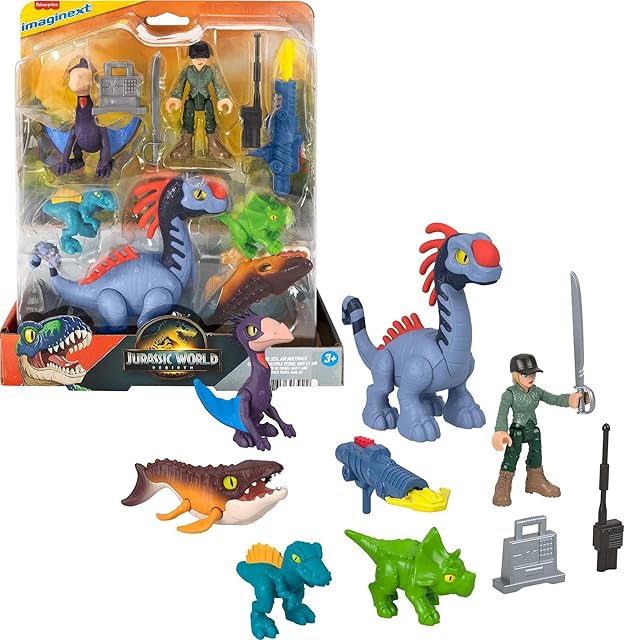 The Fisher-Price Imaginext Jurassic World Rebirth Action Figure Set with 1 3-inch Human, 5 Dinosaurs, Toy Launcher & Accessories
