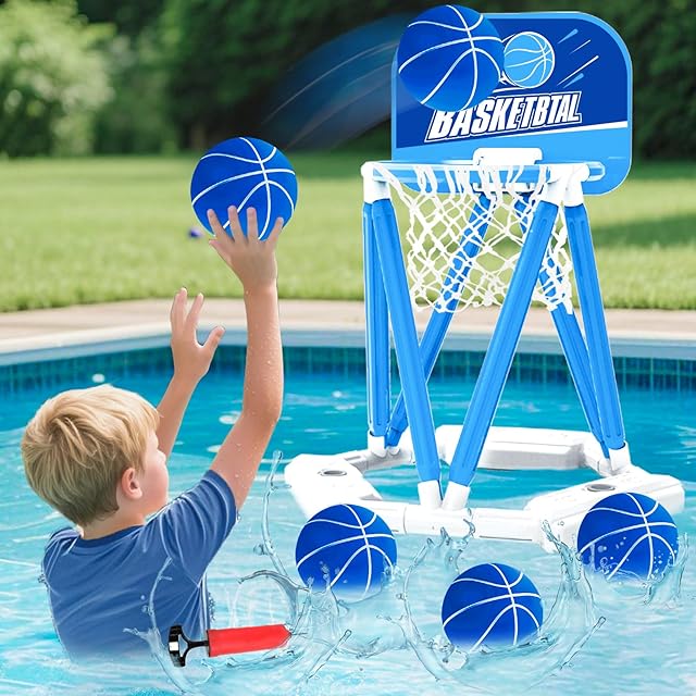 The Pool Basketball Hoop Set, Floating Pool Games with 3 Basketballs & Pump, Outdoor/Indoor Water Play Toy for Kids and Adults, Summer Swimming Party (Blue Pool Basketball)