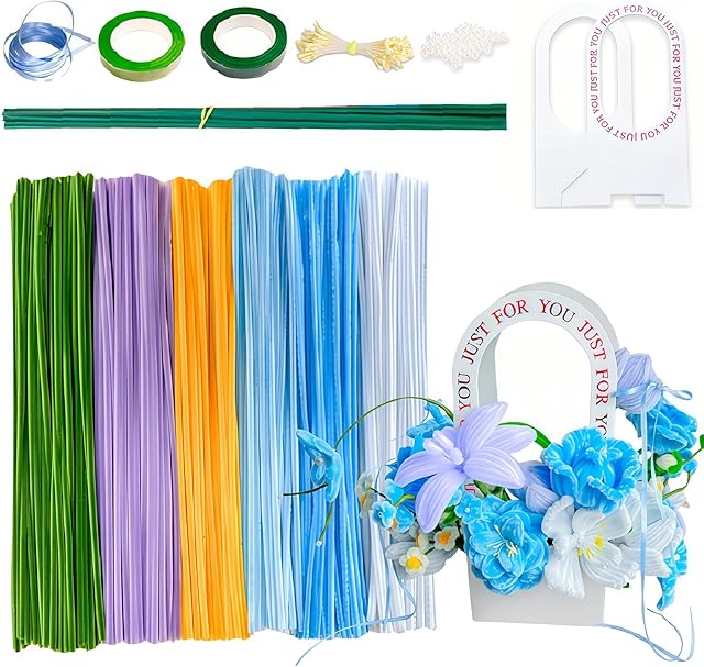 The 400 Pcs Pipe Cleaners Craft for DIY Flower Making Kit with Floral Wires, Gardening Tape, Stamen & Ribbon (Blue)
