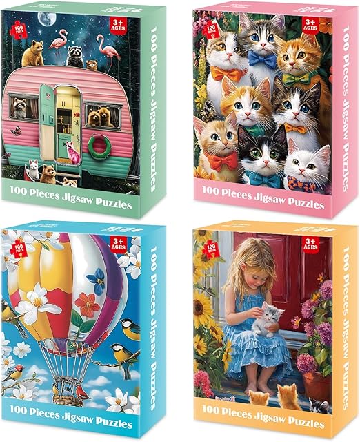 The 4-Pack 100 Piece Puzzles for Kids Ages 4-6, 6-8 | RV Trailer, Hot Air Balloon, Girl & Cats | Engaging & Educational Jigsaw Puzzles for Girls and Boys