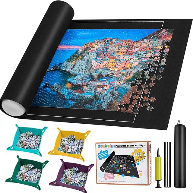 The Jigsaw Puzzle Mat Roll Up - Portable Puzzles Saver Pad Up to 1500 Pieces, Full Accessories Puzzle Keeper with 4 Sorting Trays, Storage Bag, Easy Transport & Storage Puzzles Board