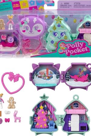 The Polly Pocket Mini Toys, Holiday Stackable Compact Playset Bundle with Micro Doll, Accessories, Pet Animal, Travel Toy with Clip