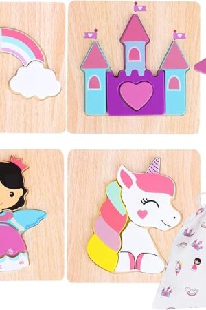 The Princess Jigsaw Puzzle and Wand Set - Storage Bag Included - Rainbow, Unicorn and Castle Set - Puzzle for Toddlers 1-3