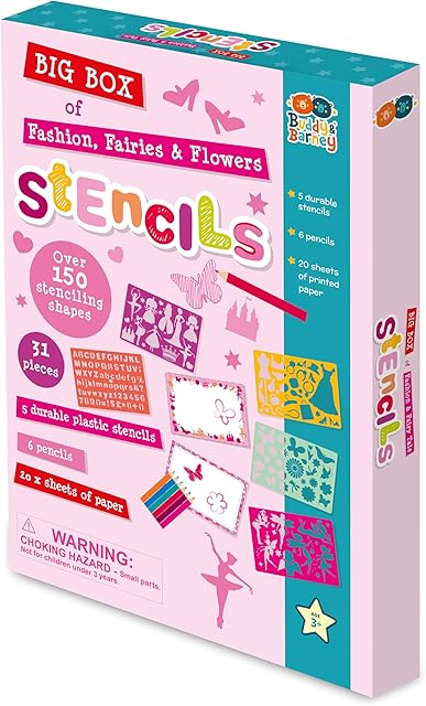 The Buddy & Barney Big Box of Fashion, Fairies, & Flowers Stencils (Large 32-Piece Stencils Kit), 150+ Shapes, 6 Coloring Pencils, 5 Stencil Sheets, Arts & Crafts Drawing Stencils for Girls, Kids 4+