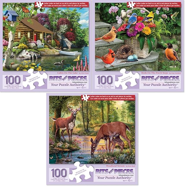 The Bits and Pieces – Value Set of 3 Jigsaw Puzzles for Seniors – 50, 100, or 200 Large Piece Puzzles – Nature Scenes – Lettered Back Design – Each Puzzle Measures 15? x 19? (Three 100 Piece Puzzles)