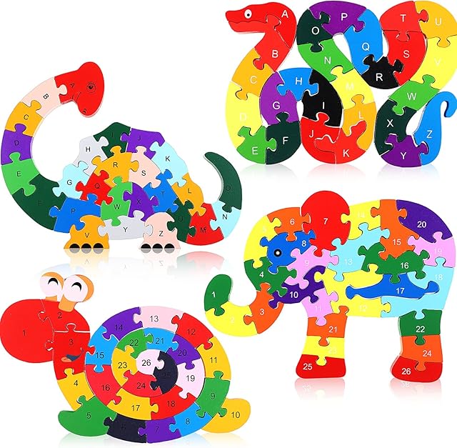 The 4 Pcs Alphabet Jigsaw Puzzle Wooden Snake Elephant Dinosaur Snail Blocks Toys ABC Alphabet Animal Puzzle for Preschool Learning