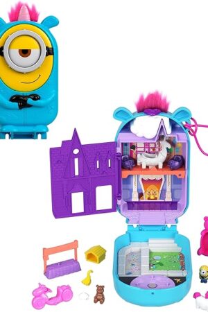 The Polly Pocket & Minions Playset with 1 Doll, 2 Minions Figures & Fluffy The Unicorn Toy, Collectible Compact with 9 Accessories