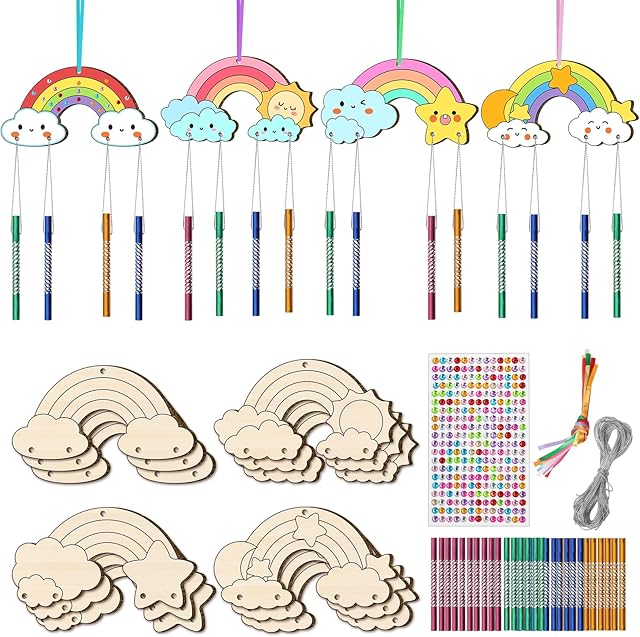 The DIY Wind Chime Kit for Kids - Make Your Own Rainbow Coloring Star Moon Sun Arts and Crafts - 12 Pack Wooden Birthday Gifts for Girls Boys