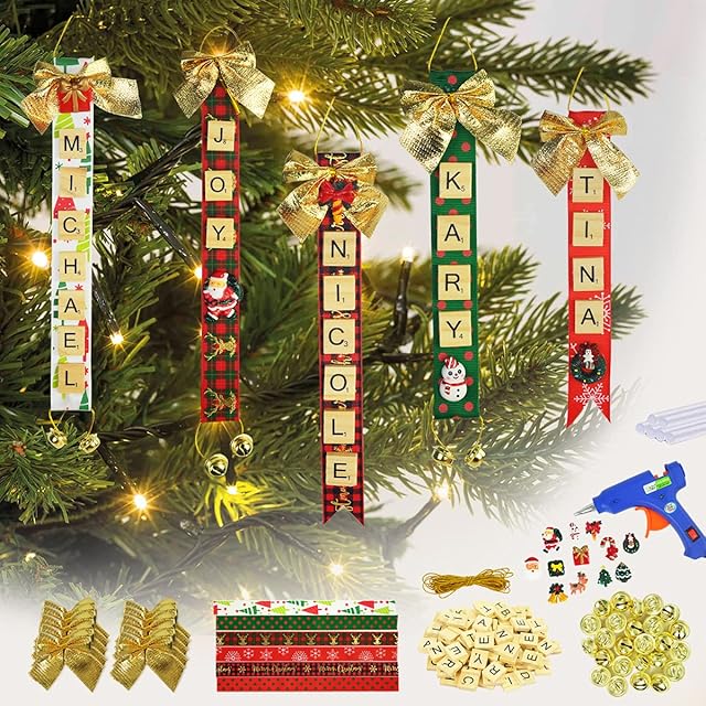 The UNIIDECO Christmas Crafts Ornament Kits for Adults Kids, Xmas Tree Ribbon Name Ornaments DIY Making, Holiday Family Tree Decoration Sets, Letters Tiles Home Decor Ideas for Navidad Stocking