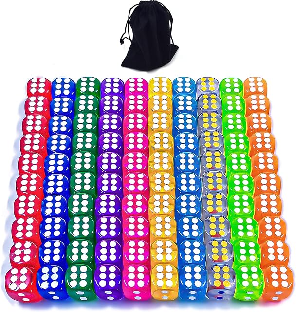 The DAGONGREN 100 Pieces 12MM Small 6 Sided Dice Set Translucent Colors Dice, with Black Pouch for Board Game