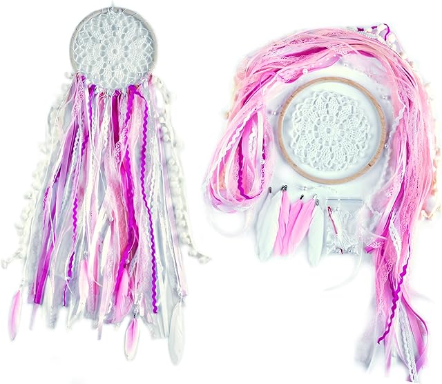 The DIY Dream Catcher Kit Do It Yourself Craft kit for girls Creative Activity Birthday Party Favor Make Your own Diam 6.2"Pink Blush White Dreamcatcher