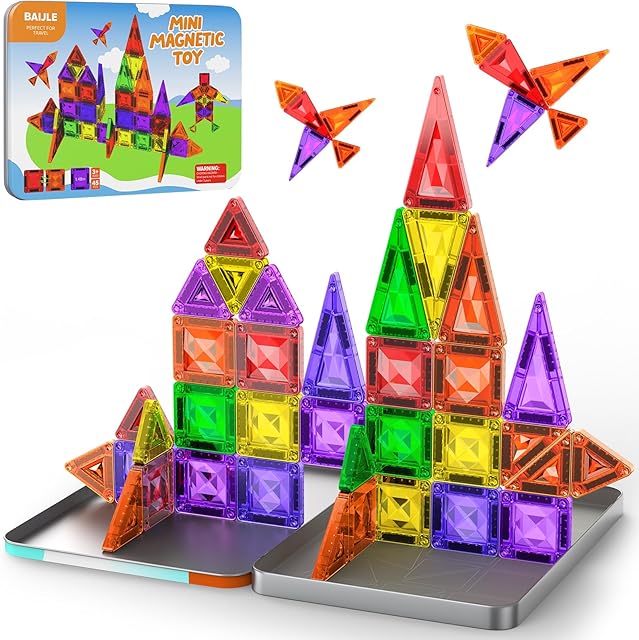 The Mini Magnetic Tiles for Kids Ages 4-8, 45PCS Diamond Pattern Magnetic Tiles Travel Set with Case, Portable Building Toys Creativity Boosting Sensory Toys for Toddler Boys Girls Halloween Birthday Gift