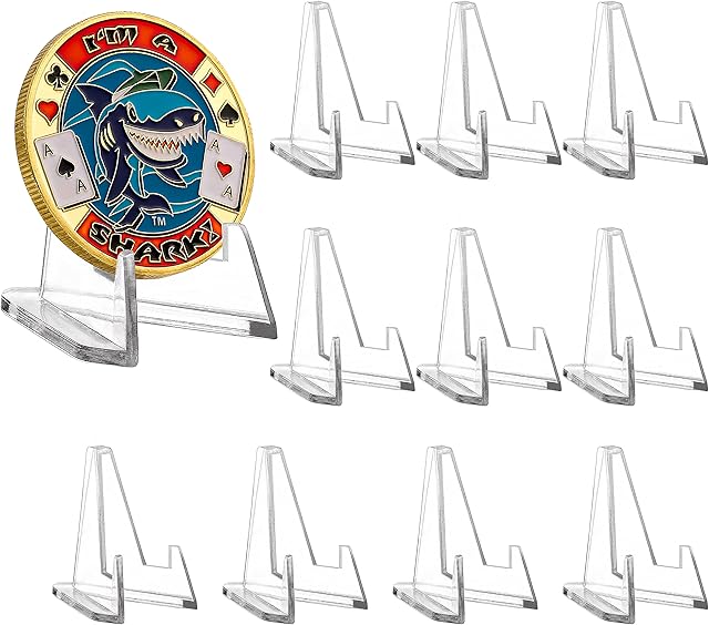 The Acrylic Coin Display Stands, Challenge Coins Holders, Mini Easel Holders, Display Stand for Sports Cards, Casino Chips, Poker Guards, Greeting Cards, Challenge Medallions, AA Coins 1.4 Inch, 10 Packs