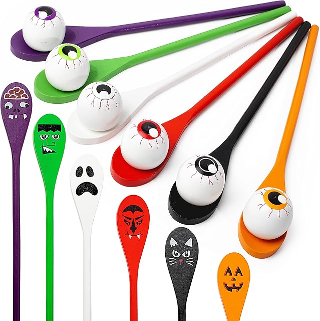 The JOYIN Halloween Egg and Spoon Race Game, 6 Eggs and 6 Spoons, Made of The Finest Wood, Fun Game for Parties, Birthdays Classroom Activities. Durable, Lightweight |Six Assorted Colors