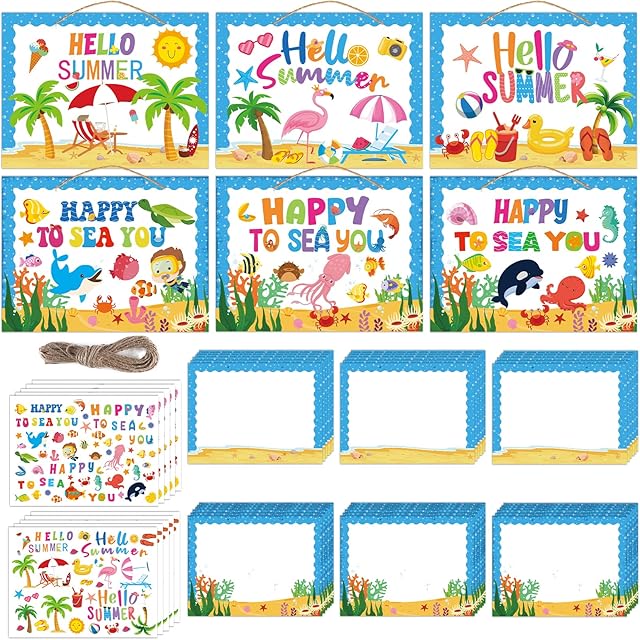 The gisgfim 36 Pack Summer Crafts Kit Make A Beach Ocean Animals Worlds Stickers Hello Summer Scene DIY Ocean Beach Hanging Crafts Bulk Scene Fish Palm Flamingo Stickers for Home Classroom Activity