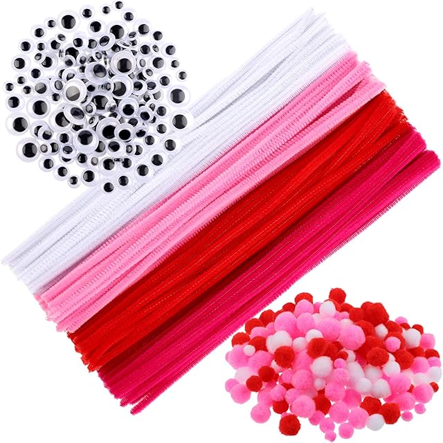 The 150 Pieces Valentine Day Chenille Stem Pipe Cleaners, 200 Pom Poms Balls and 150 Self Adhesive Wiggle Eyes for Valentine Day Craft DIY Art Supplies