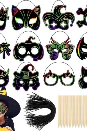 The Qilery 48 Pcs Halloween Scratch Mask Rainbow Animal Scratch off Art Craft Kit, Paper DIY Craft Mask for Party Favors Games