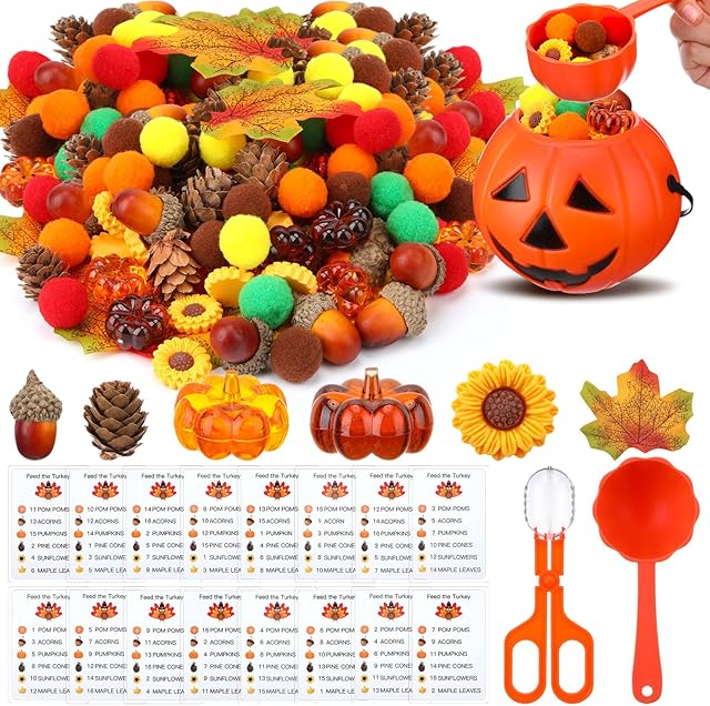 The 149 Pcs Thanksgiving Sensory Bin Filler Fall Sensory Bin Items Table Skills Set Include Cognitive Cards Acorn Maple Leaf Sunflower Pinecone Pumpkin Decor for Sorting Counting Training