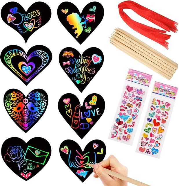 The 28 Pieces Valentine Crafts Scratch Paper Ornaments Heart Shape Rainbow Scratch Craft Art, with 28 Pieces Wooden Styluses,28 Pieces Ribbons, and 2 3D Puffy Stickers, for Valentine DIY Art Decorations