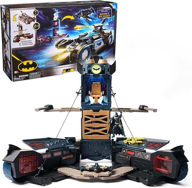 The DC Comics Batman, Ultimate Transforming Batmobile Playset, 2-in-1 Playset with Exclusive Figure and Glider, Lights, Sounds, Kids Toys for Boys and Girls 4 and Up