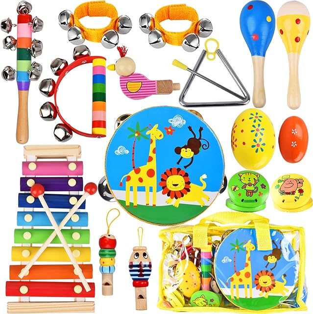 The Kids Musical Instruments Set, 20 Pcs Toddler Wooden Percussion Instruments for Baby Children with Tambourine Xylophone Maracas, Preschool Musical Toys Set for Boys and Girls with Carrying Bag