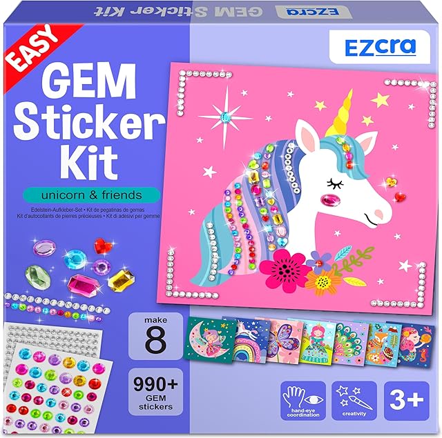 The EZCRA Easy Arts and Crafts for Kids - Fun Gem Sticker Kit - 8 Unicorn Princess Themes, 990+ Stickers - Gem Art for Kids - Diamond Art Kits - Gifts for Girls Ages 3-8