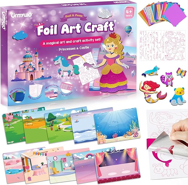 The Foil Arts and Crafts for Kids Ages 4-8, No Mess Princess Fun Foil Art Craft Supplies Kits, DIY Creative Activity Travel Toys, Sticker Coloring Books, Gifts for 4 5 6 7 8 9 10 Year Old Girls Boys