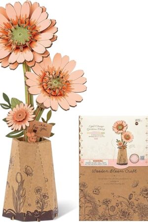 The ROBOTIME 3D Puzzle Light Orange Gerbera Daisy TW111, DIY Wooden Flower Craft, Artificial Flowers Model Kit to Assemble for Adults, Home Decoration and Valentine's Day Toy Gift Set