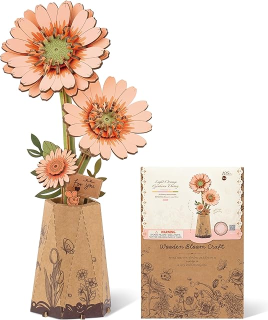 The ROBOTIME 3D Puzzle Light Orange Gerbera Daisy TW111, DIY Wooden Flower Craft, Artificial Flowers Model Kit to Assemble for Adults, Home Decoration and Valentine's Day Toy Gift Set