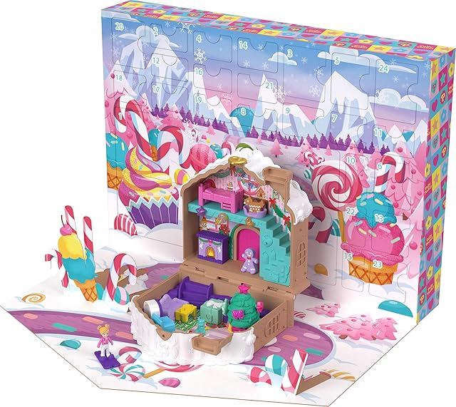 The Polly Pocket Doll Advent Calendar, DIY Gingerbread House Playset with 24+ Surprises, Dollhouse Furniture, and Holiday Accessories