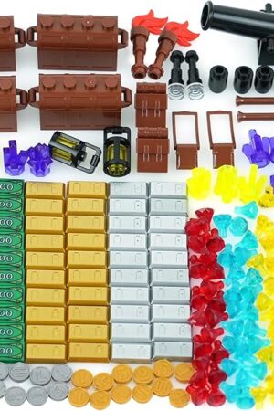 The Pirates Treasure Chest Money Dollars, Silver Golden Gems Crystals Bag Torch Cannon Bricks Accessories Pack, Building Blocks Toys