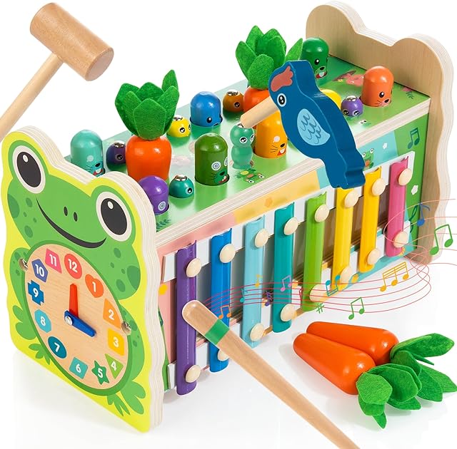 The 6-IN-1 Wooden Montessori Toys for 1 Year Old, Mole-Tapping Game | Play the Xylophone | Frog Clock | Carrot Harvest Game | Spinning Gear, Toddler Toys Aged 1-4, Baby Toy Gift for Early Learning