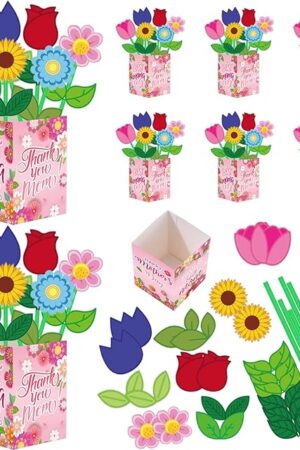 The QICI 8 Set Mother's Day Crafts Kit Flower Straw Bouquet Craft DIY Spring Crafts Kit Bulk Flower Recipe or Picture Holder Mother's Day Gifts Decorations for School Fun Activities