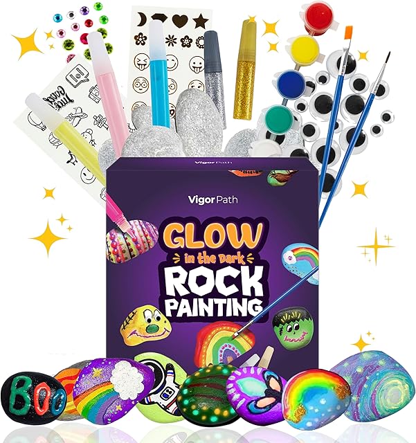 The VIGOR PATH Kids Rock Painting Kit: 28-Piece Art and Craft Bundle - Includes 10 Paints (Glow in The Dark and Standard), Crafting Supplies, Ideal for Boys and Girls, Perfect for Kids Ages 4 and Above