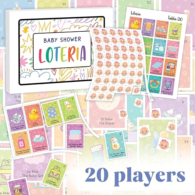 The Baby Shower Loteria Bilingual - Baby Loteria for Babies Shower Games Spanish and English, Funny Party Bingo Game for 20 Players