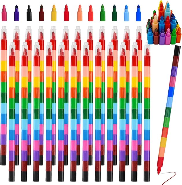 The 24-Piece Stackable Buildable Crayons - DIY Rainbow Pencils, Colorful Crayon Party Favors for Kids, Office & School Supplies, 12 Colors