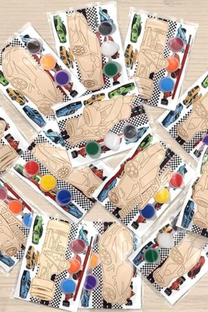 The QICI Race Car Wooden Painting Kit Large Race Car Cards with Wood Painting Crafts Bulk -12 PCS Racing Birthday Party Supplies - Thank You for Coming Gifts