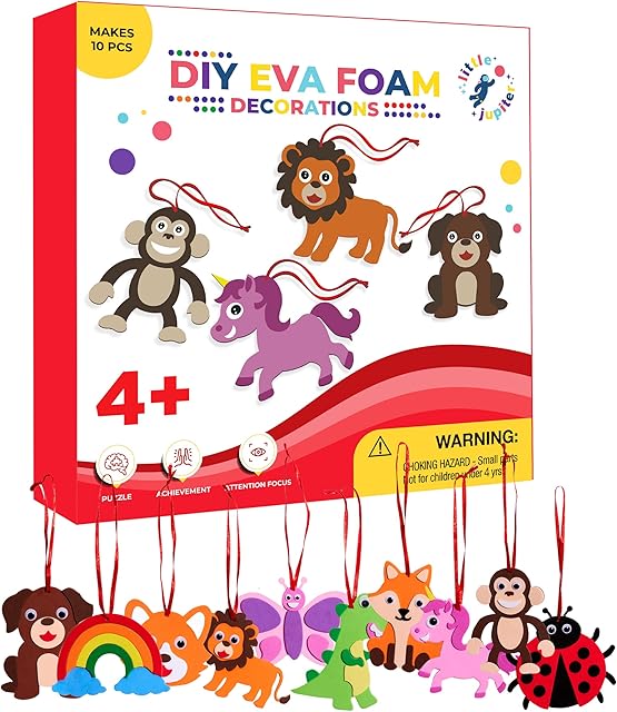 The Little Jupiter DIY EVA Foam Decorations - Makes 10pcs of Animals & More - Kids Foam Arts and Crafts for Boys & Girls 4-7 Yrs Old - Craft Toys - DIY Christmas Decorations
