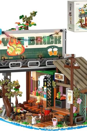 The Pier Bar Mini Building Blocks Sets with LED Light - 1108PCS Wooden Cabin Forest House MOC Street View Micro Building Bricks Toy Creative Ideals Dock Bar, Collectible Deco, Birthday Gift for Adults