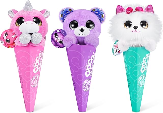 The Coco Cones (3 Pack) by ZURU Animal Plush Toys with Baby Collectible Surprise in Cone, Randomly Assorted Animal Toy for Girls and Kids Mystery 3 Pack