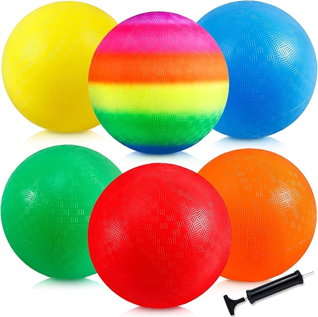 The 6 Pack Playground Balls, 8.5 inch Dodgeballs for Adults, Dodge Kick Ball with Hand Pump, Kickball Handball Dodgeball for Indoor Outdoor Yard Games(Orange, Red, Yellow, Blue, Rainbow, Green)