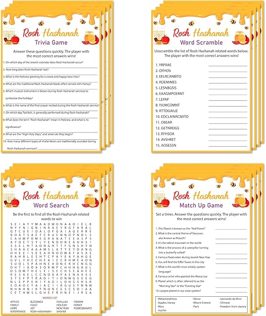 The 104 Pcs Rosh Hashanah Trivia Game, 4 Kind of Shana Tova Jewish New Year Holiday Party Game Supplies for Kids Classroom Activities Family Gatherings and Shared Learning (Rosh Hashanah)
